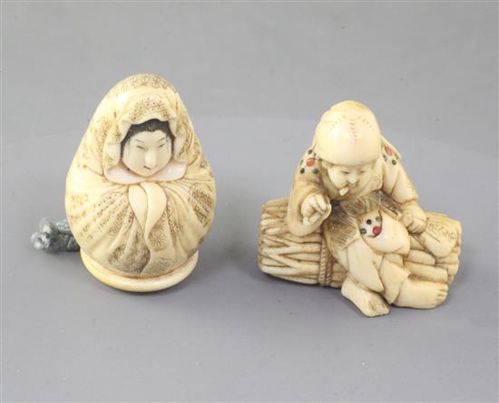 Two Japanese ivory netsukes of a seated woman, Meiji period,